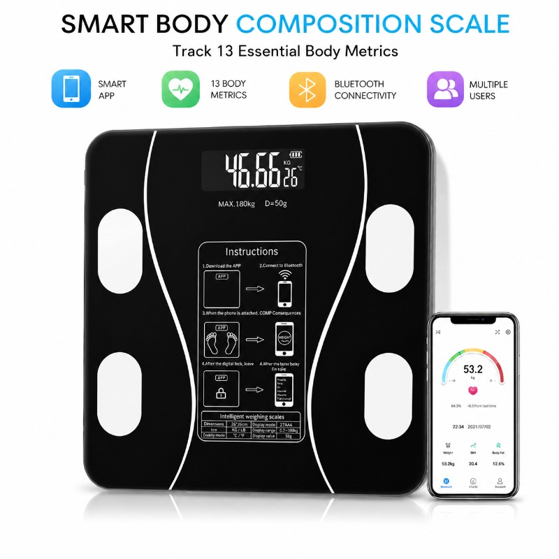 Digital Body Weight Scale - Intelligente Bluetooth-Körperfettwaage Digitale Badezimmerwaage Körperzusammensetzungs-Analysegerät Multi-Körper-Daten-Test